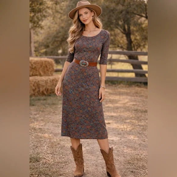 Peruvian Connection Pima Cotton Boat Neckline Neutral Floral Midi Dress Size M - Picture 1 of 10